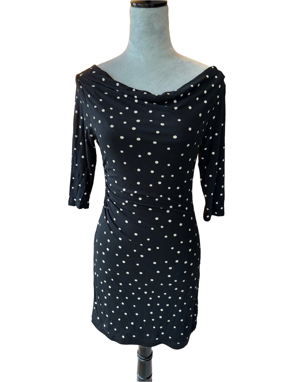 LOFT Petite XSP Polka Dot Dress Black Cowl Neck Ruched Sheath Business Casual